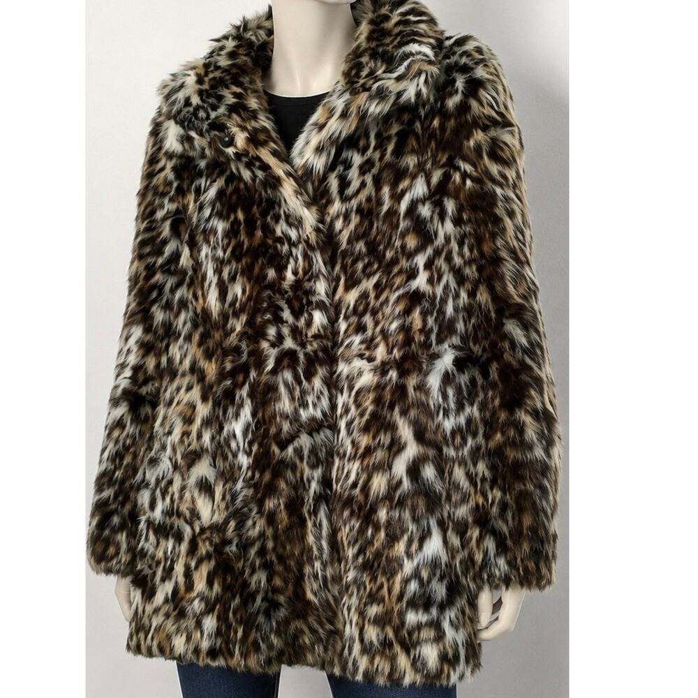 Eliza J Leopard Animal Print Faux Fur Long Jacket Coat Womens XS Glam Mob Wife